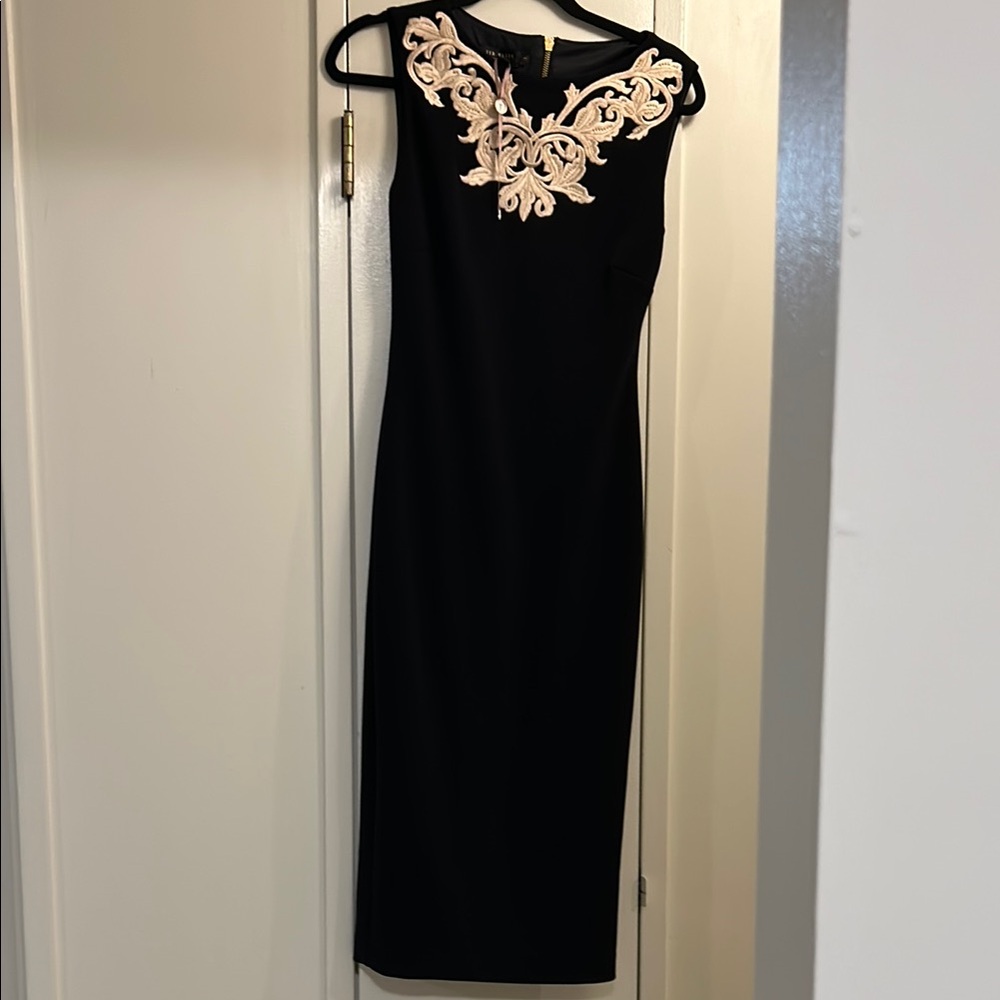 Ted Baker. Elegant Black Dress with Cream Embroidery NWOT